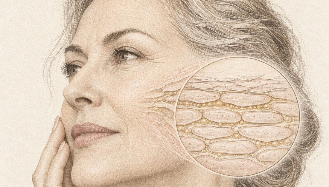 Illustration der Hautbarriere: Gesicht mit Zoom auf die Hornschicht