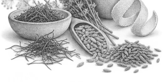 Zeichnung von Fenchel, Kümmel, Safran und Mandarinenschale – Zutaten für ayurvedisches Nabelöl