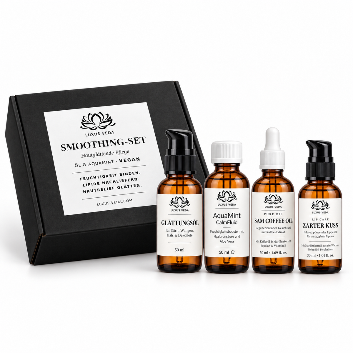 LUXUS VEDA SMOOTHING-SET mit AquaMint, Glättungsöl, SAM Coffee Oil und Zarter Kuss
